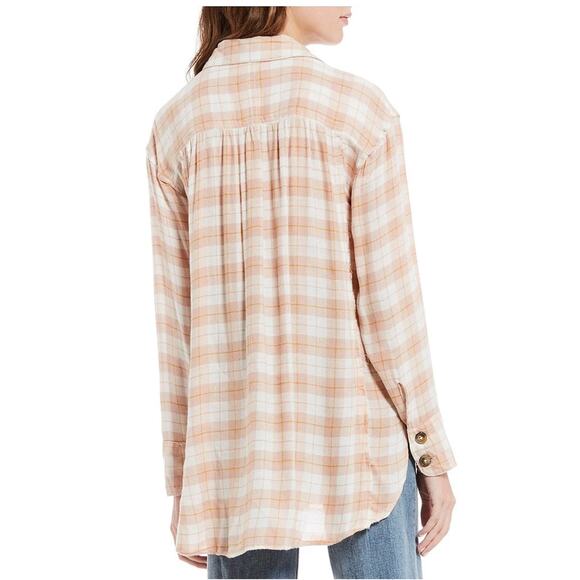 Free People All About the Feels Rose Pink Plaid Button Down Wool Blend Tunic Top - Picture 2 of 13